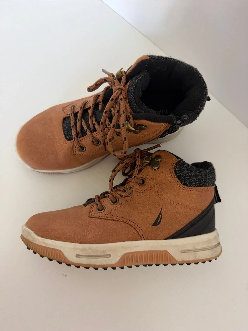 Nautica Tan Kids Lace-Up Ankle Boots with Black Knit Collar